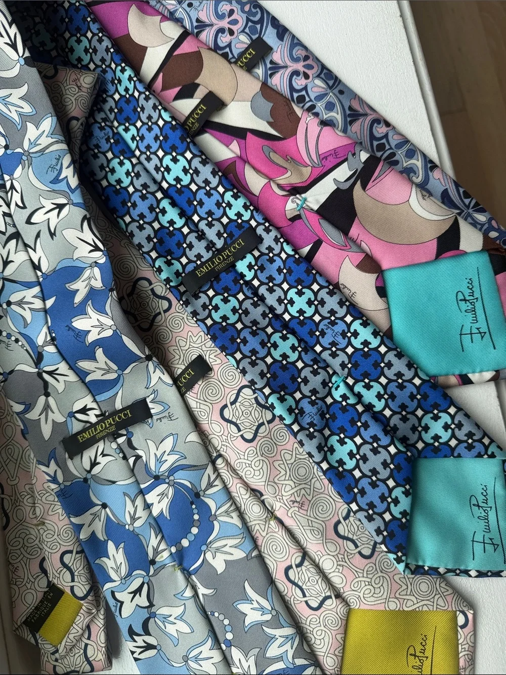 Emilio Pucci Set of 5 Patterned Silk Neckties in Blue, Pink, Gray and Brown